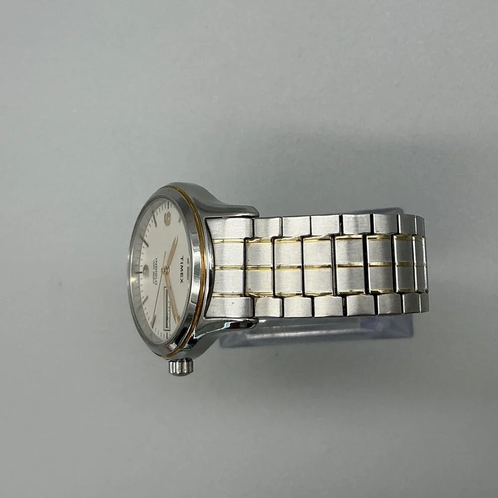 Timex Indiglo WR 30M Mens Watch 35mm White Dial Two Tone Bracelet New Battery